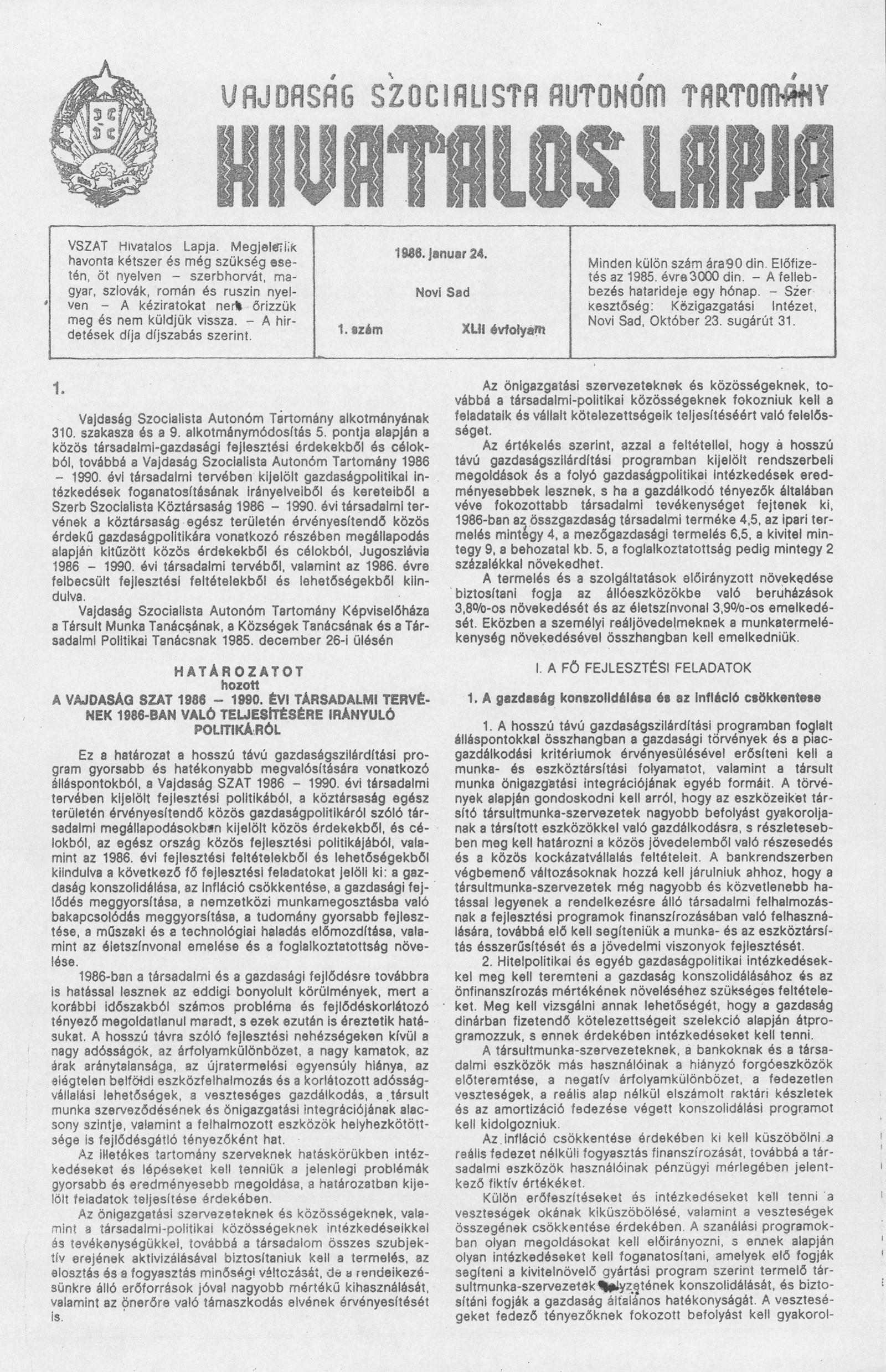 Vajdaság Szocialista Autonóm Tartomány Hivatalos Lapja, 42. évf. 1986. január 24. 1. sz.