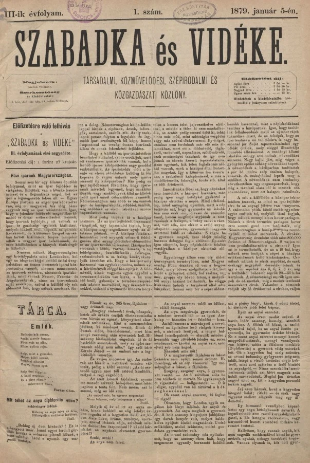 Szabadka és vidéke, 3. évf. 1879. január 5. 1. sz.