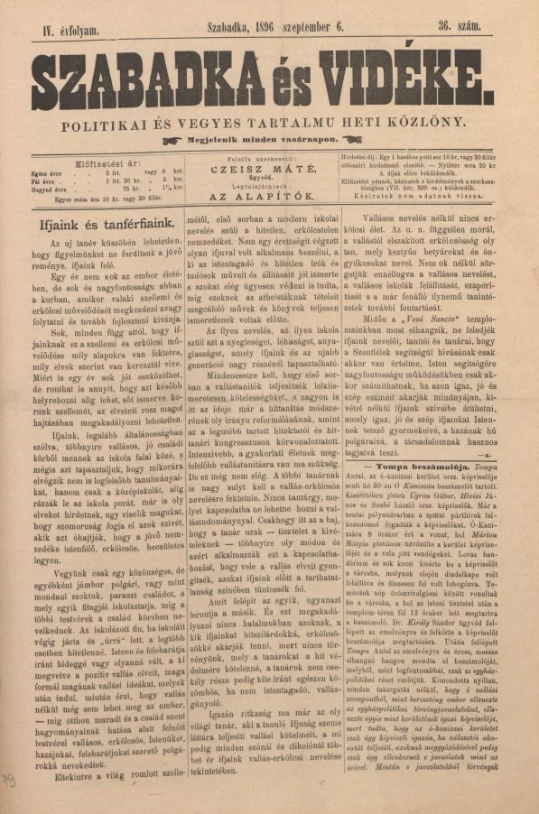 Szabadka és vidéke II, 4. évf. 1896. szeptember 6. 36. sz.