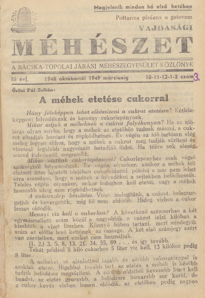 Vajdasági méhészet Bácska Topolya, 3. évf. 1948. október 1. – 1949. március 1. 10. sz.