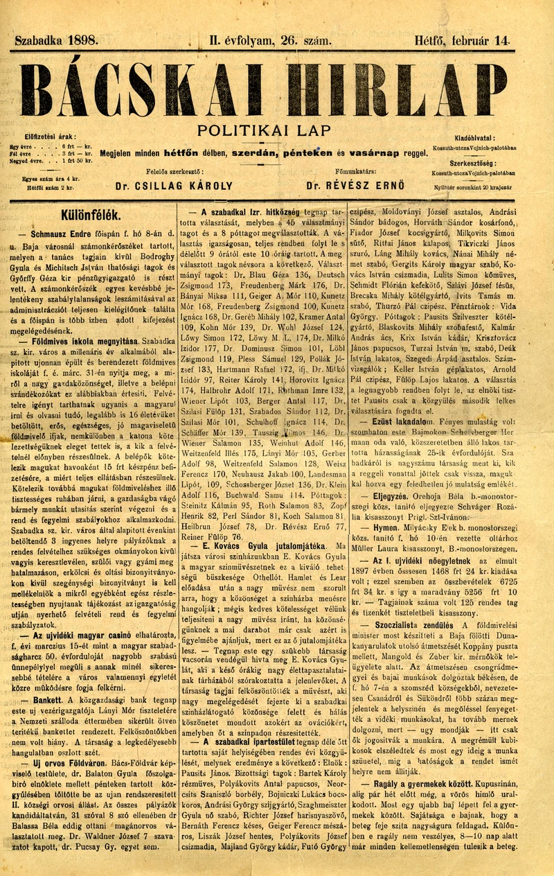 Bácskai Hirlap, 2. évf. 1898. február 14. 26. sz. 1–2. oldal