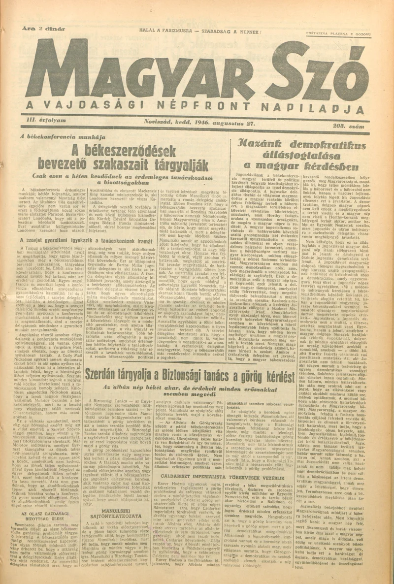Magyar Szó, 3. évf. 1946. augusztus 27. 203. sz. 1–6. oldal