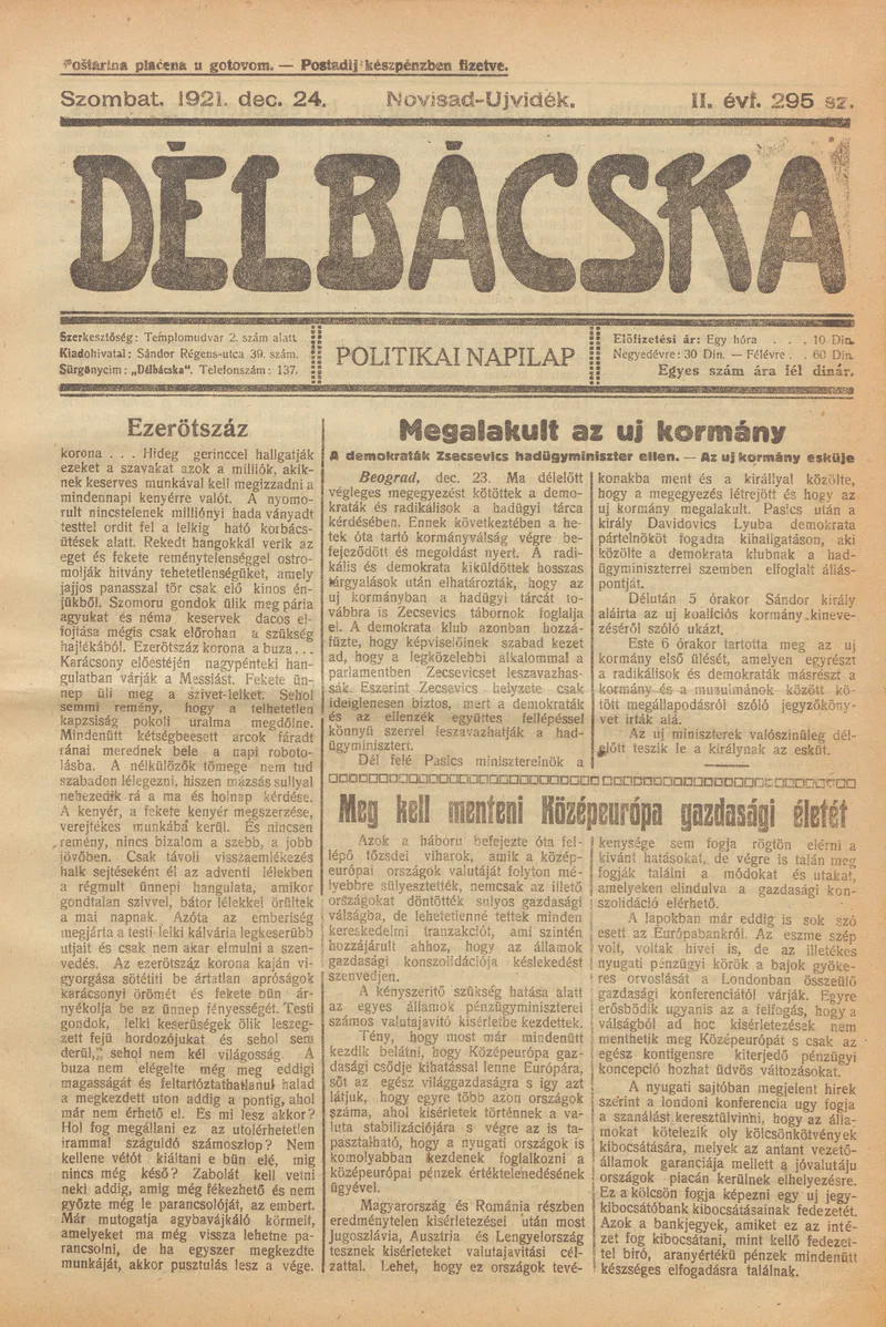 Délbácska, 2. évf. 1921. december 24. 295. sz.