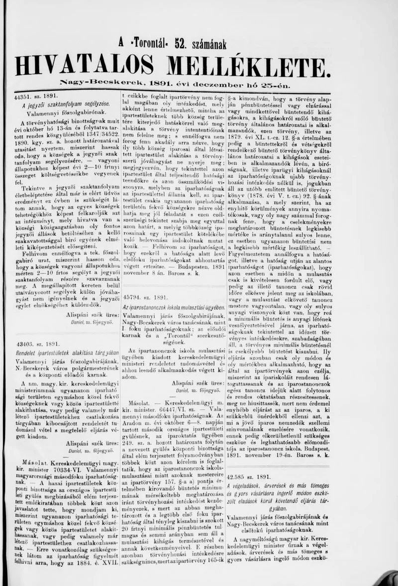 A Totontál  hivatalos melléklete, 4. évf. 1891. december 25. 52. sz.