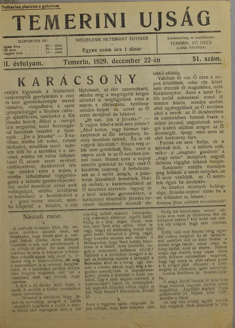 Temerini Újság 1928-1944, 2. évf. 1929. december 22. 51. sz.