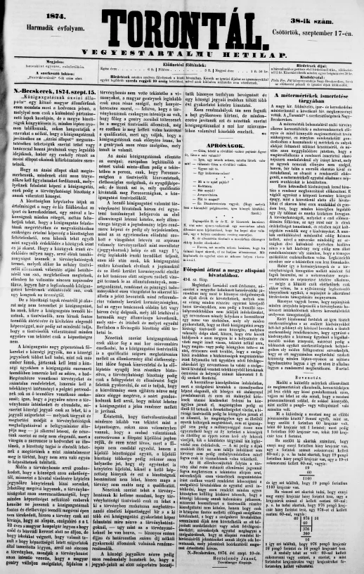 Torontál, 3. évf. 1874. szeptember 17. 38. sz.