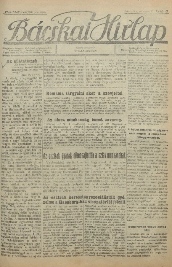 Bácskai Hirlap, 24. évf. 1920. október 21. 179. sz.