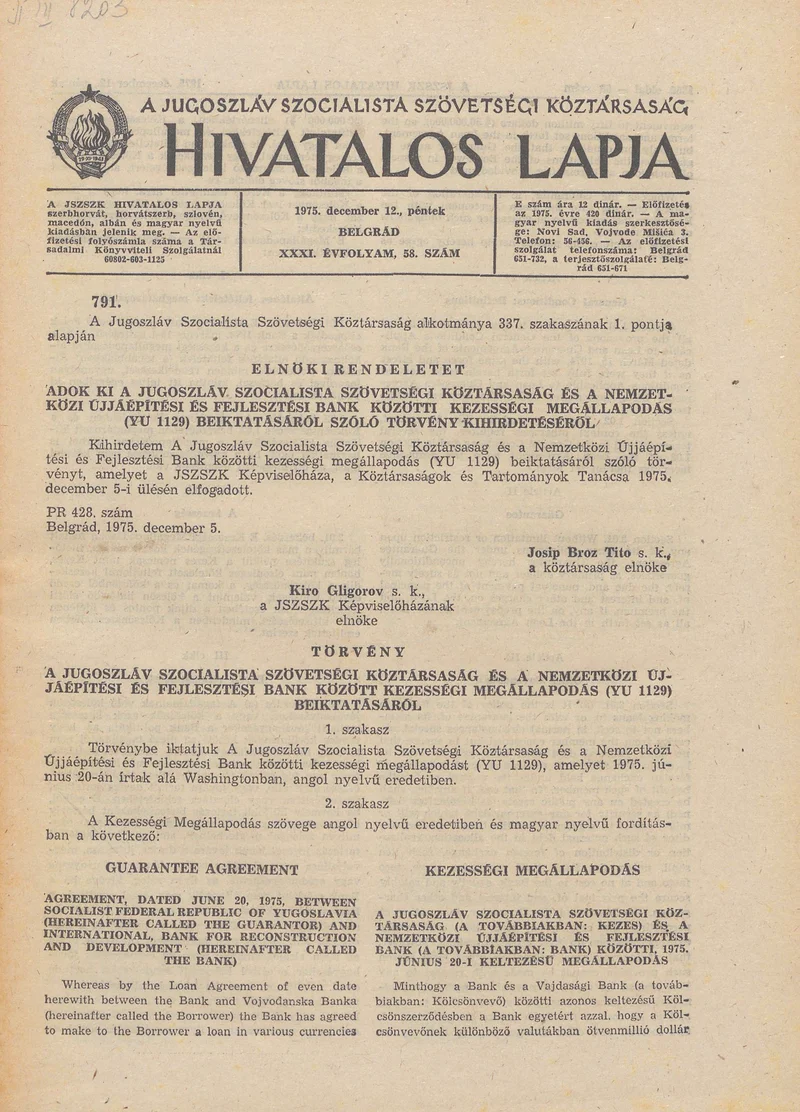 A Jugoszláv Szocialista Szövetségi Köztársaság Hivatalos Lapja, 31. évf. 1975. december 12. 58. sz. 1561–1588. oldal