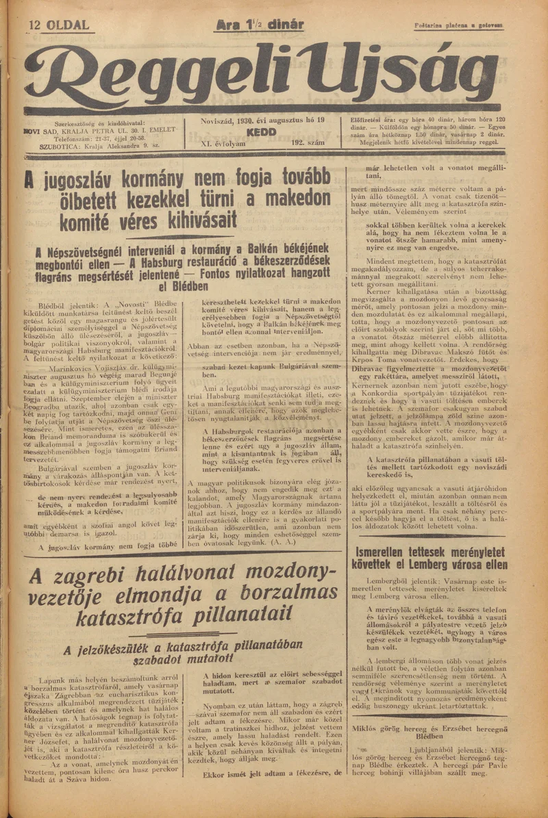 Reggeli Újság, 11. évf. 1930. augusztus 19. 192. sz.