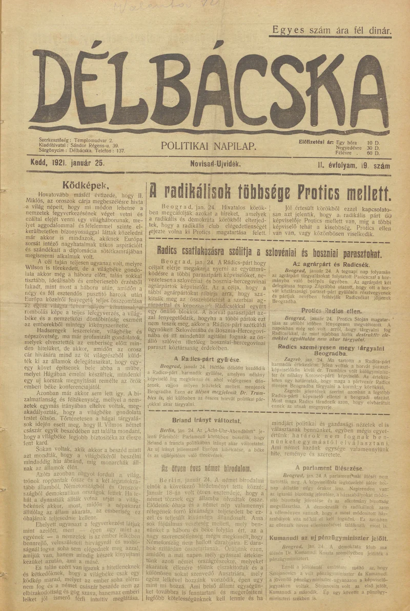 Délbácska, 2. évf. 1921. január 25. 19. sz.