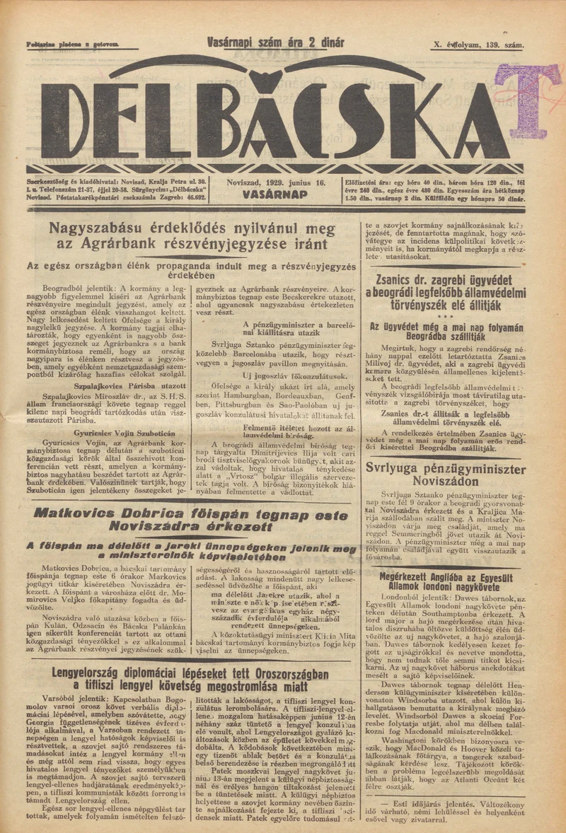 Délbácska, 10. évf. 1929. június 16. 139. sz.