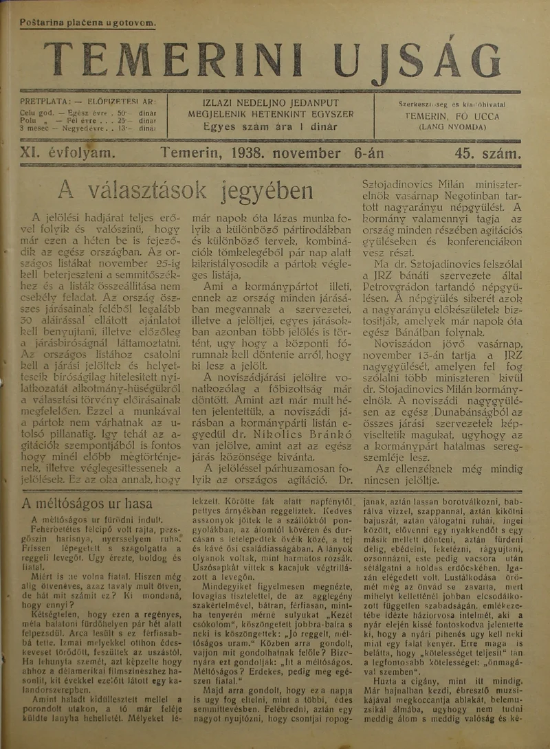 Temerini Újság 1928-1944, 11. évf. 1938. november 6. 45. sz.