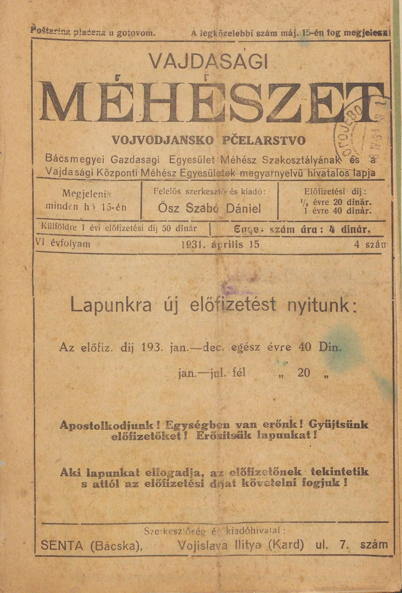 Vajdasági méhészet, 6. évf. 1931. április 15. 4. sz.