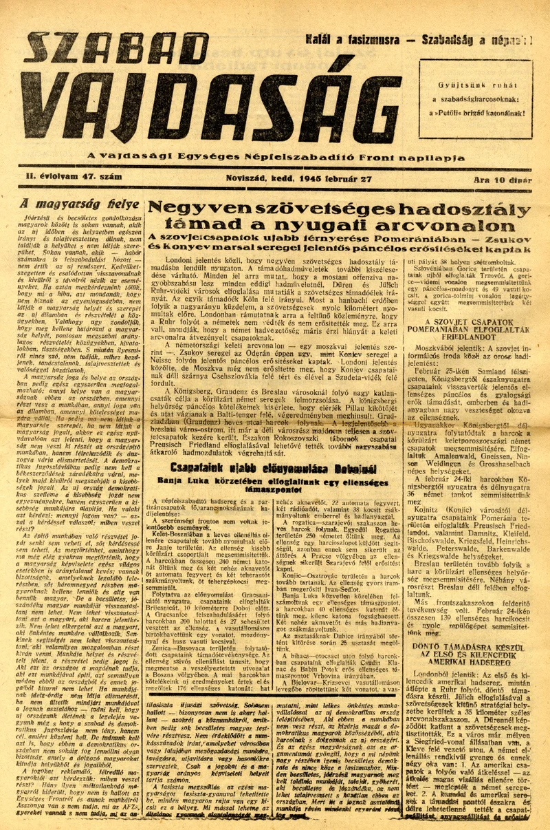 Szabad Vajdaság, 2. évf. 1945. február 27. 47. sz.
