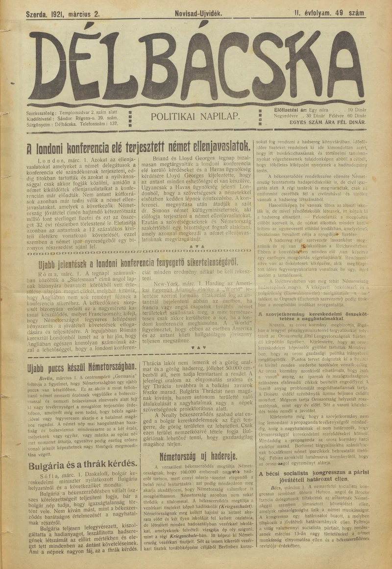 Délbácska, 2. évf. 1921. március 2. 49. sz.