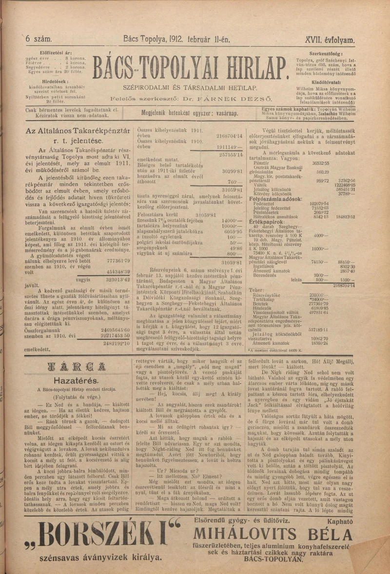 Bács-Topolyai Hirlap, 17. évf. 1912. február 11. 6. sz.