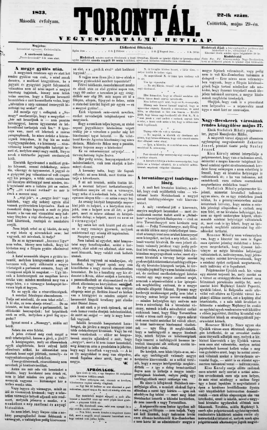 Torontál, 2. évf. 1873. május 29. 22. sz.