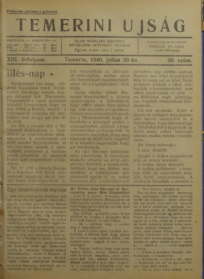 Temerini Újság 1928-1944, 13. évf. 1940. július 20. 30. sz.