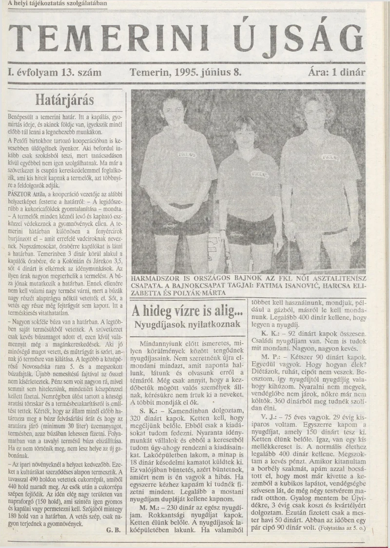 Temerini Újság, 1. évf. 1995. június 8. 13. sz.