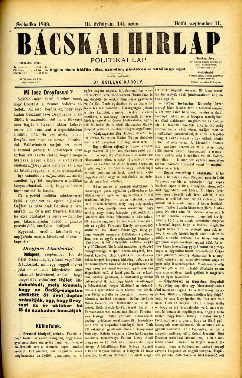 Bácskai Hirlap, 3. évf. 1899. szeptember 11. 141. sz.