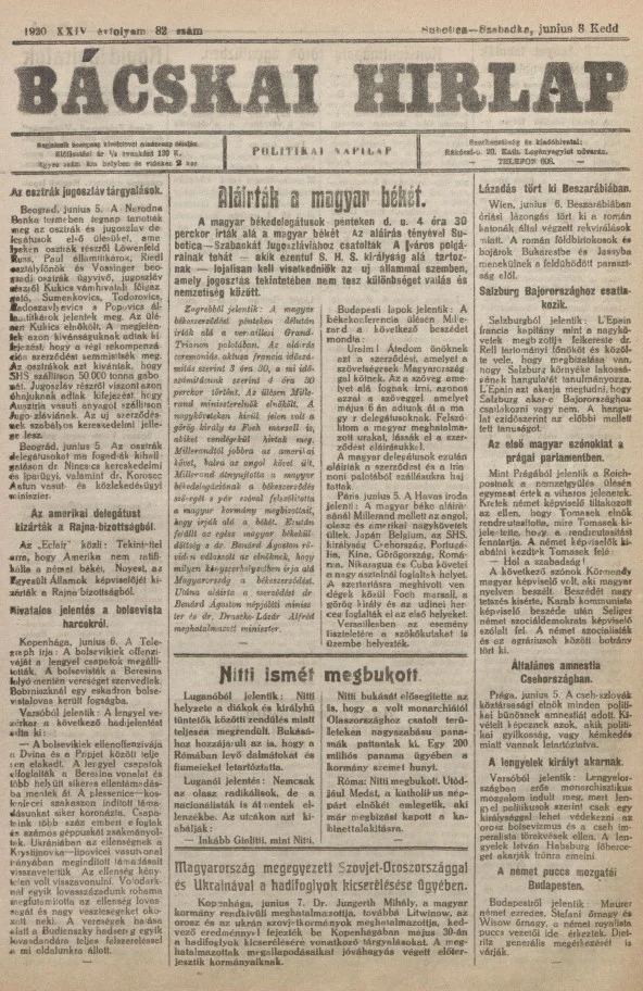 Bácskai Hirlap, 24. évf. 1920. június 8. 82. sz.