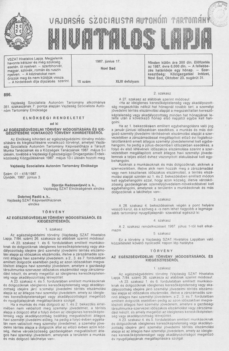 Vajdaság Szocialista Autonóm Tartomány Hivatalos Lapja, 43. évf. 1987. június 17. 15. sz.