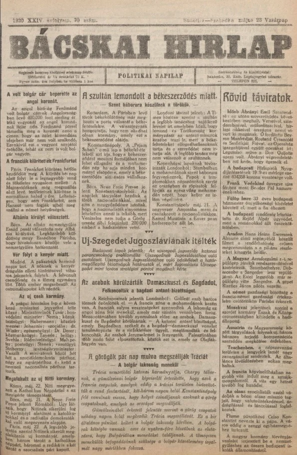 Bácskai Hirlap, 24. évf. 1920. május 23. 70. sz.