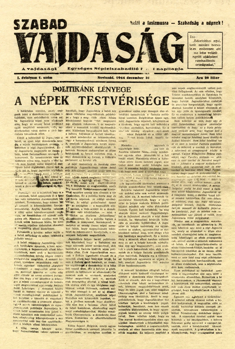 Szabad Vajdaság, 1. évf. 1944. december 24. 1. sz.