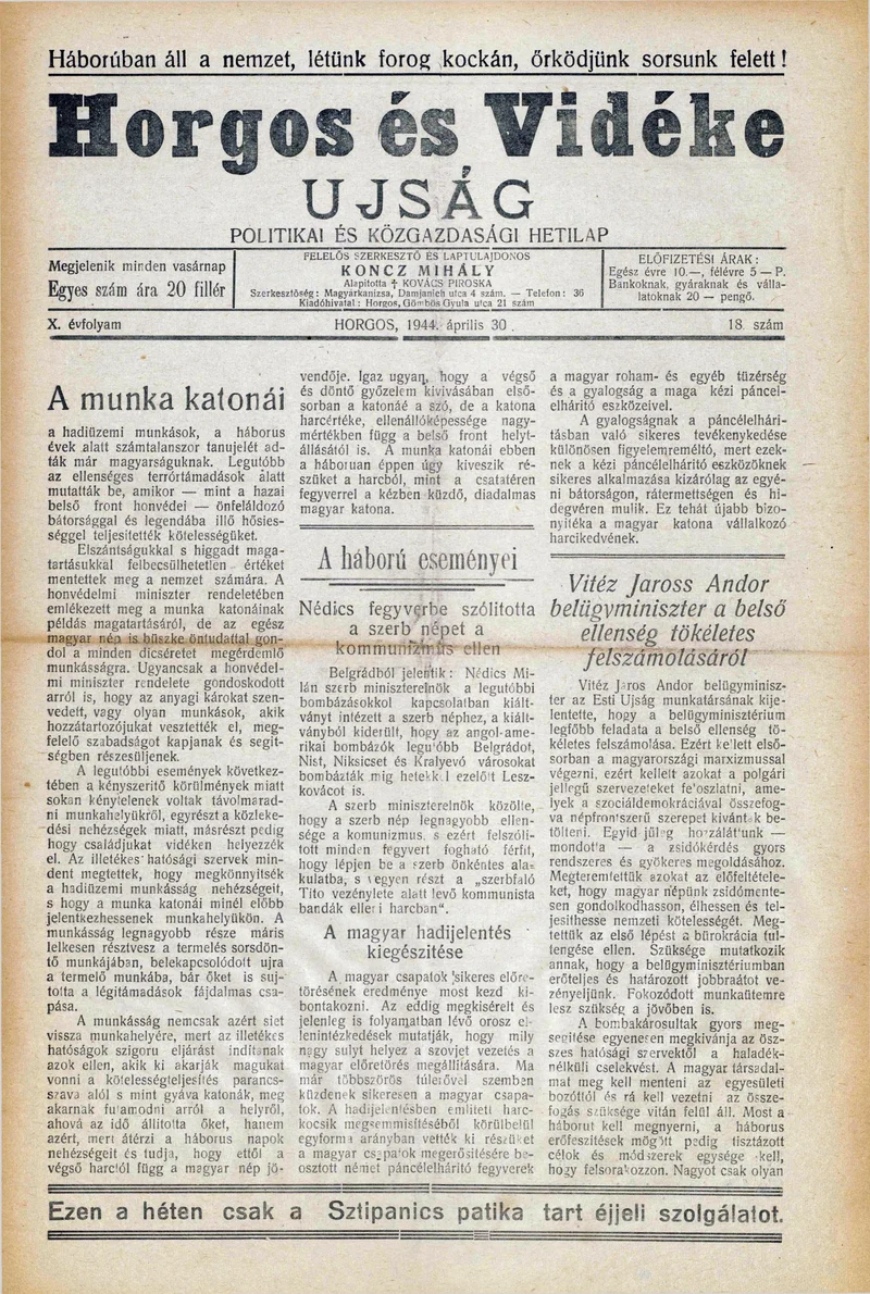 Horgos és vidéke, 9. évf. 1944. április 30. 18. sz.