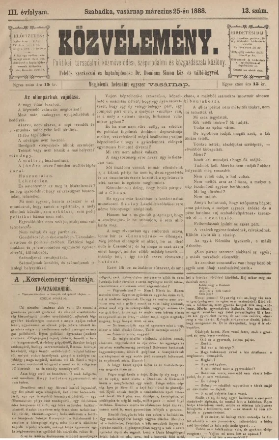 Közvélemény, 3. évf. 1888. március 25. 13. sz.