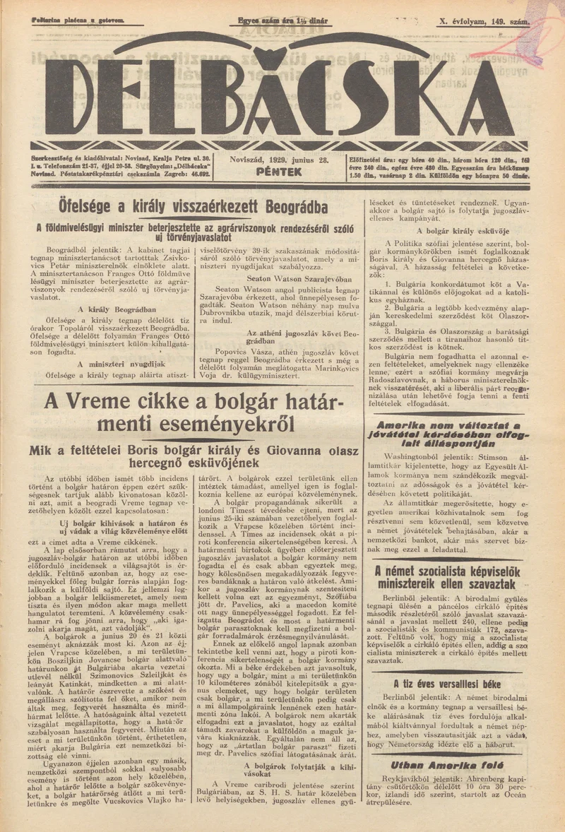 Délbácska, 10. évf. 1929. június 28. 149. sz.