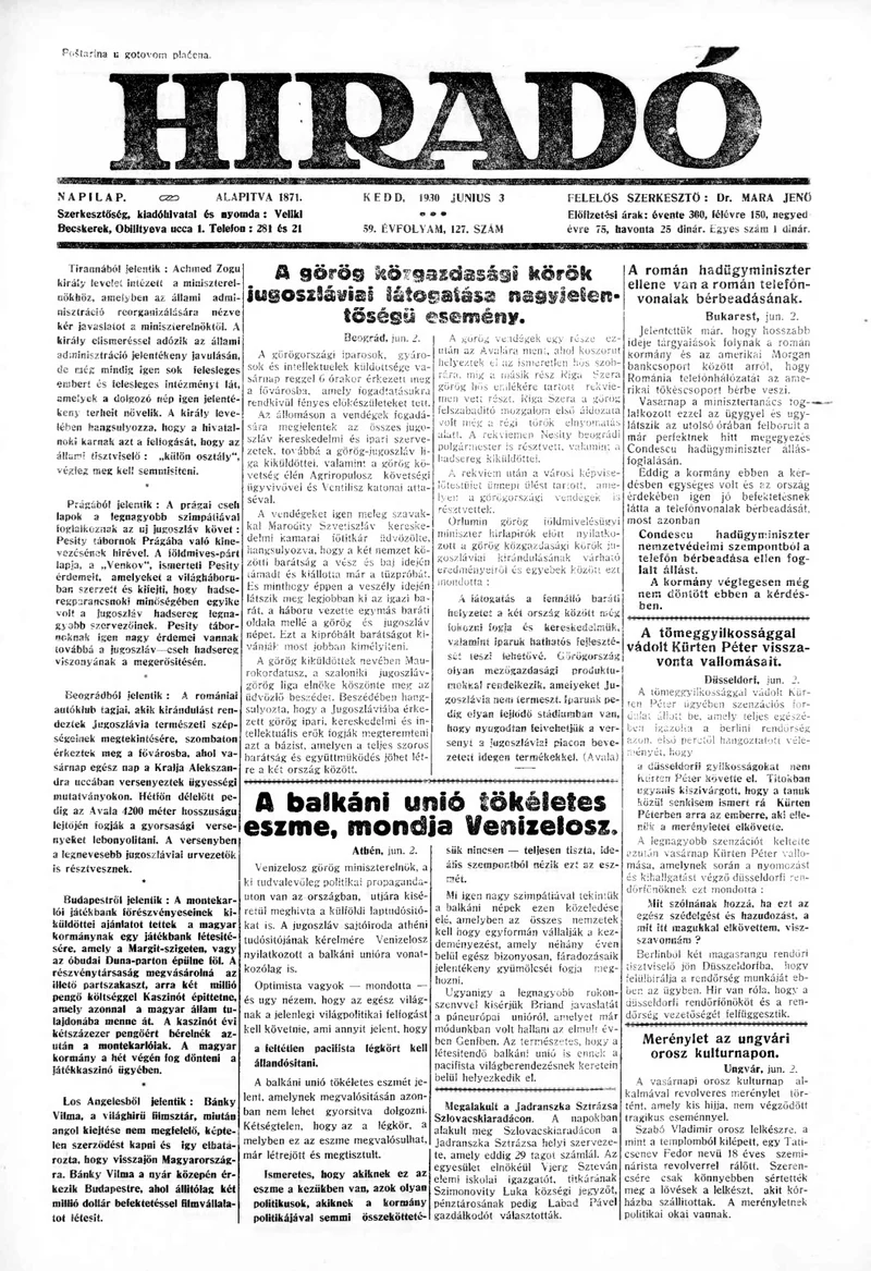 Híradó, 59. évf. 1930. június 3. 127. sz.