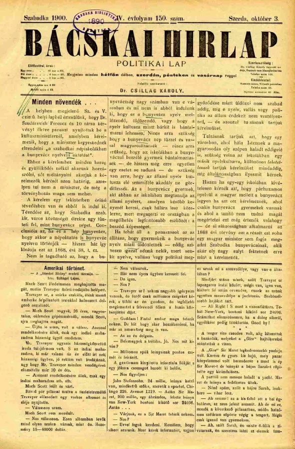 Bácskai Hirlap, 4. évf. 1900. október 3. 150. sz.