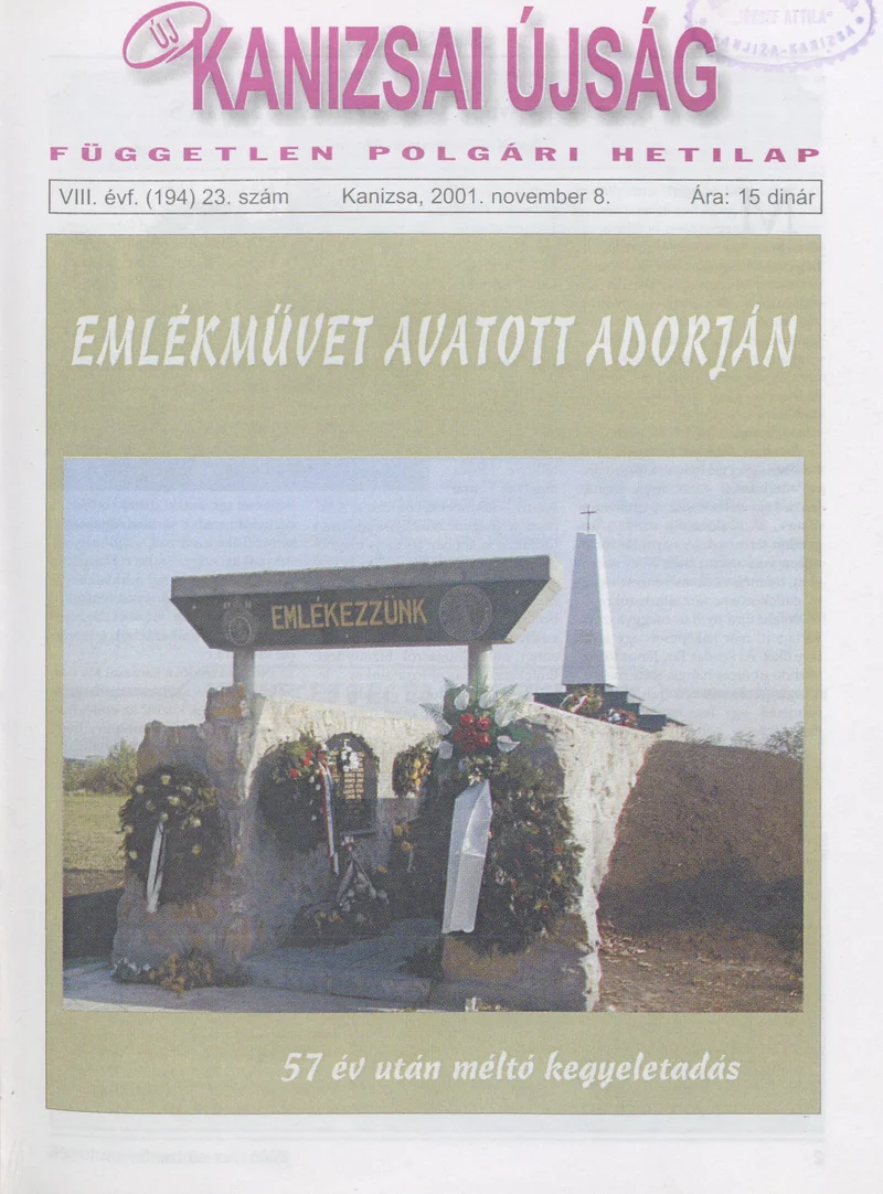 Új Kanizsai Újság, 8. évf. 2001. november 8. 23. sz.