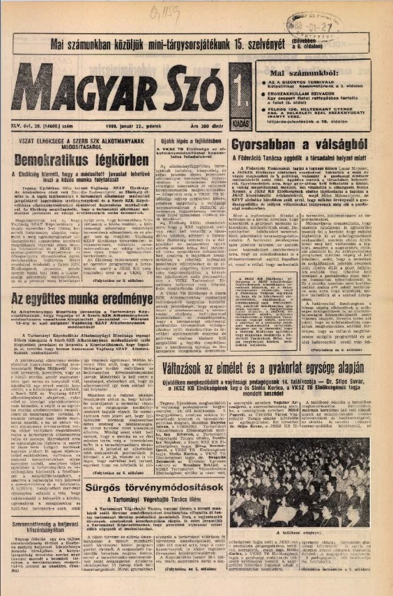 Magyar Szó, 45. évf. 1988. január 22. 20. sz. 1–20. oldal
