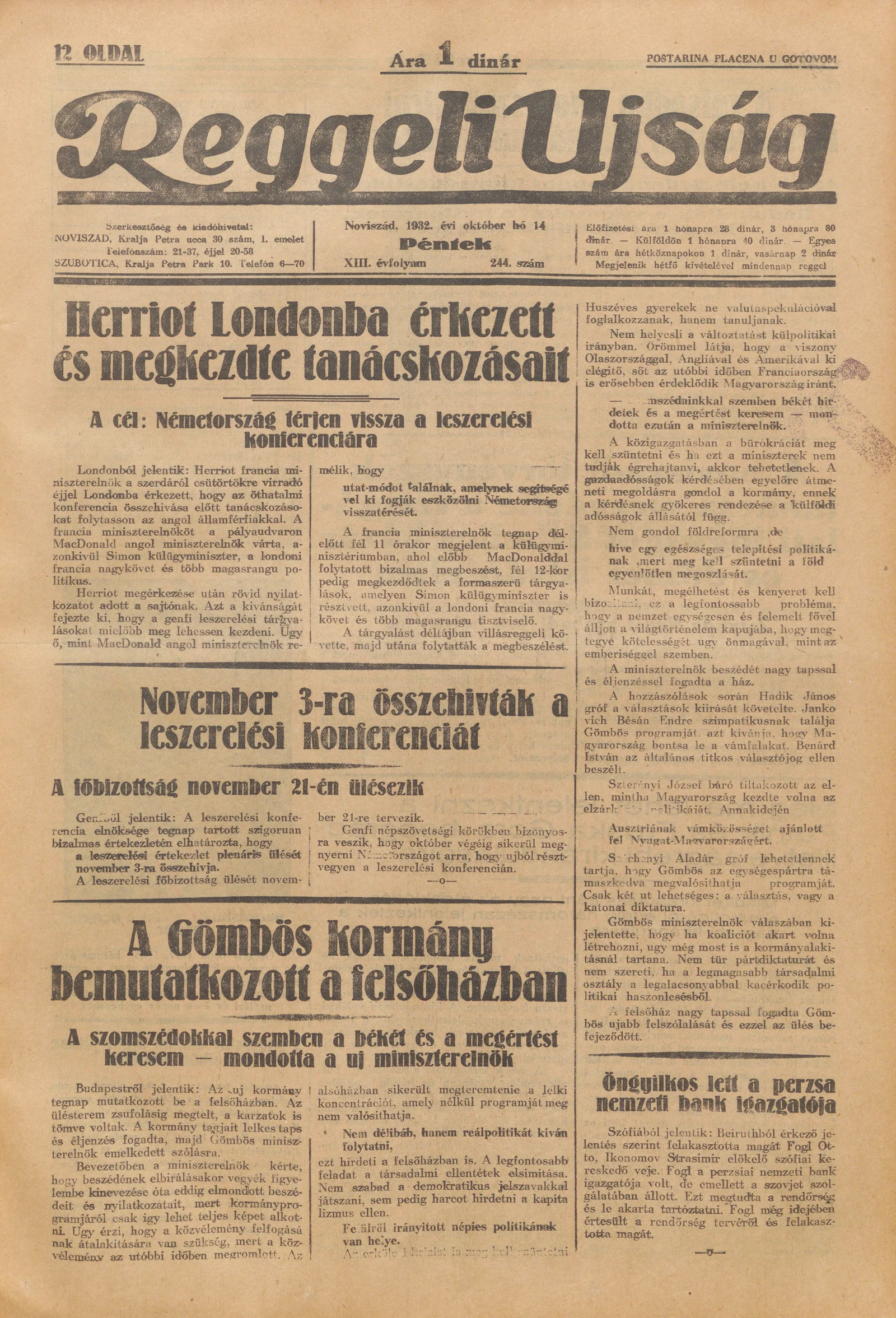 Reggeli Újság, 13. évf. 1932. október 14. 244. sz.