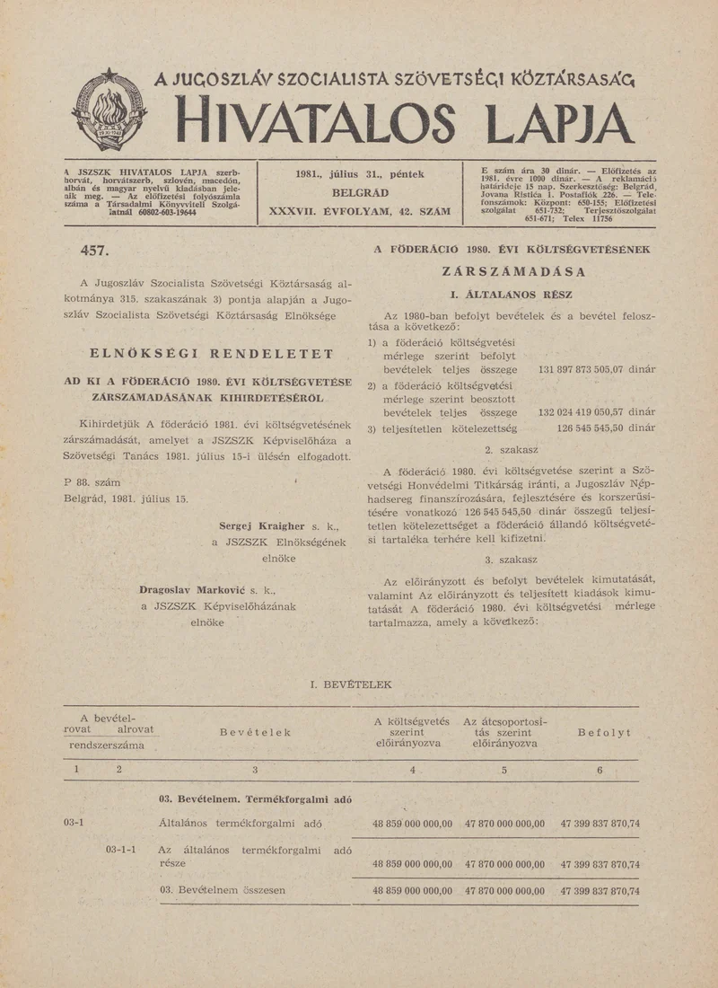 A Jugoszláv Szocialista Szövetségi Köztársaság Hivatalos Lapja, 37. évf. 1981. július 31. 42. sz. 1061–1120. oldal