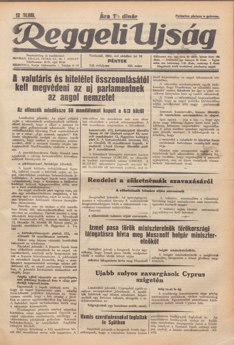 Reggeli Újság, 12. évf. 1931. október 30. 255. sz.