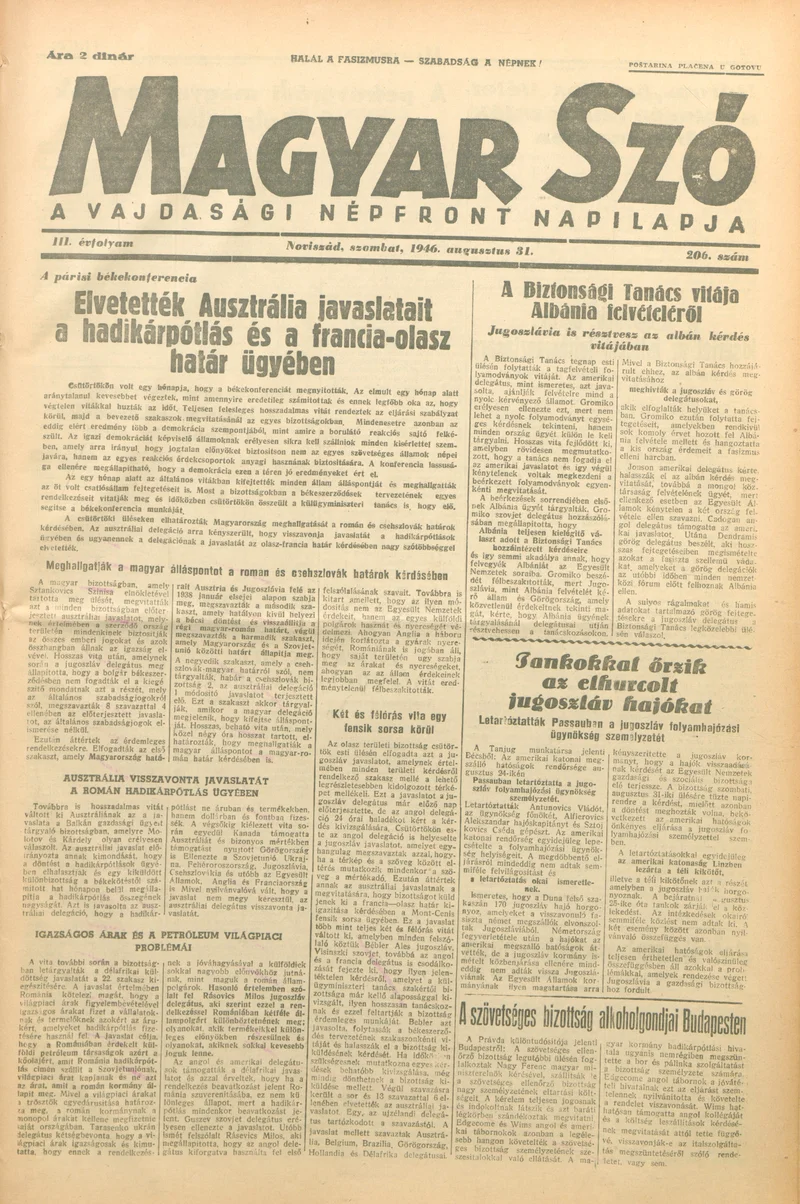 Magyar Szó, 3. évf. 1946. augusztus 31. 206. sz. 1–6. oldal