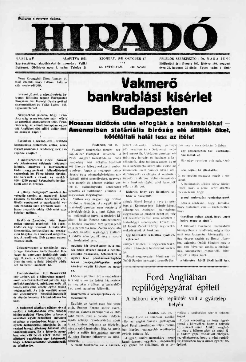 Híradó, 60. évf. 1931. október 17. 240. sz.