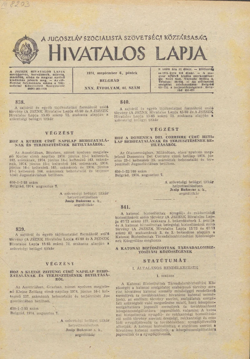 A Jugoszláv Szocialista Szövetségi Köztársaság Hivatalos Lapja, 30. évf. 1974. szeptember 6. 44. sz. 1429–1444. oldal