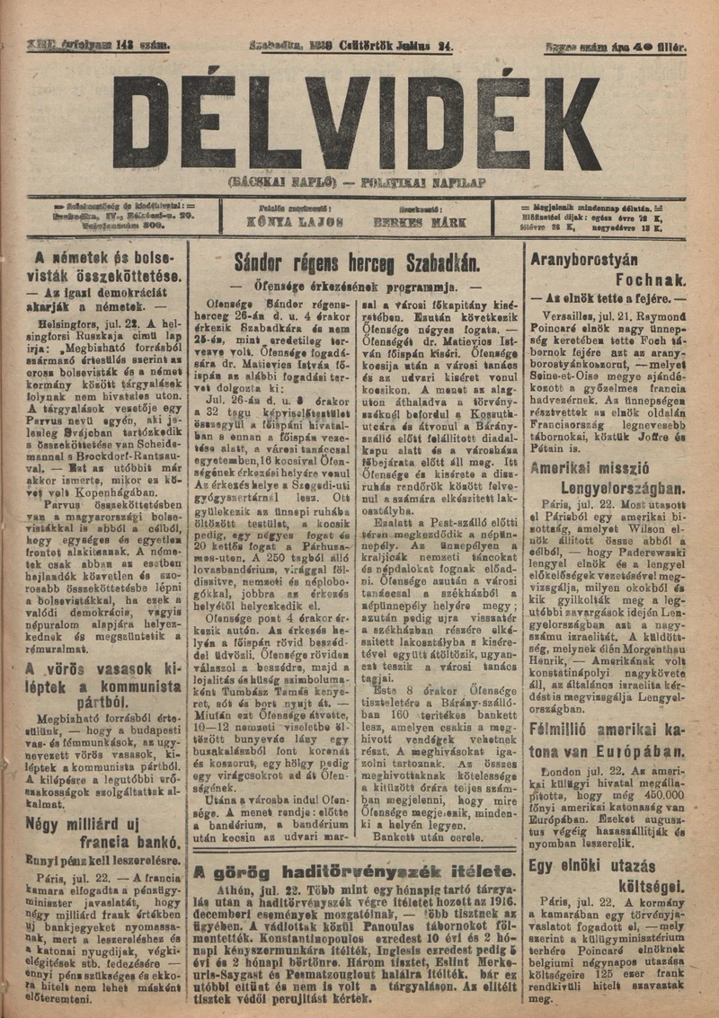 Délvidék, 13. évf. 1919. július 24. 143. sz.