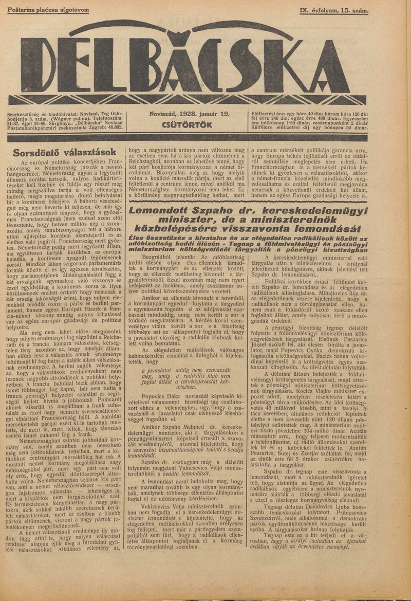 Délbácska, 9. évf. 1928. január 19. 15. sz.