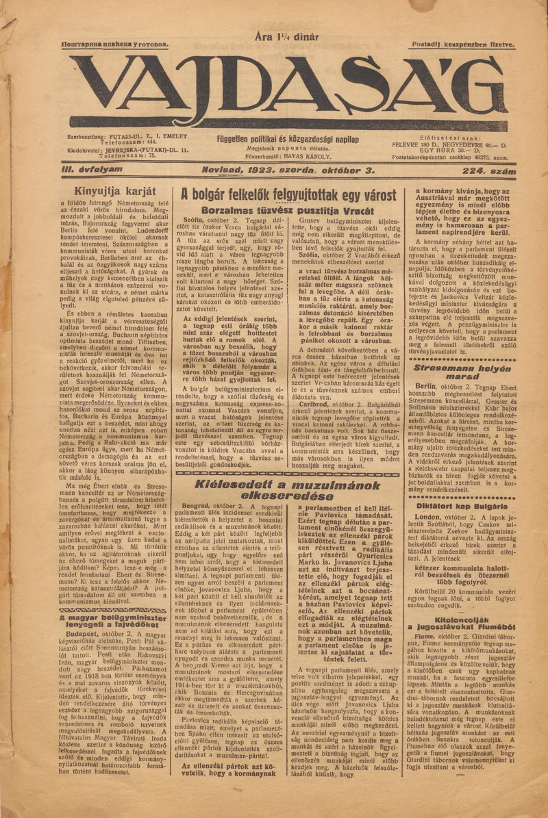 Vajdaság, 3. évf. 1923. október 3. 224. sz.