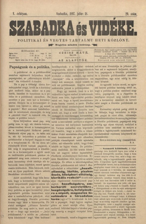 Szabadka és vidéke II, 5. évf. 1897. július 18. 29. sz.