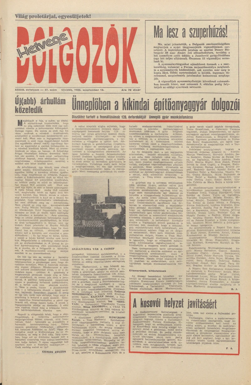 Dolgozók, 40. évf. 1986. szeptember 18. 37. sz.