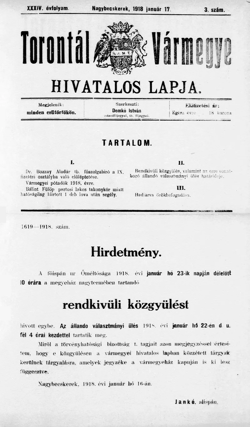 Torontál Vármegye Hivatalos Lapja, 34. évf. 1918. január 17. 3. sz.