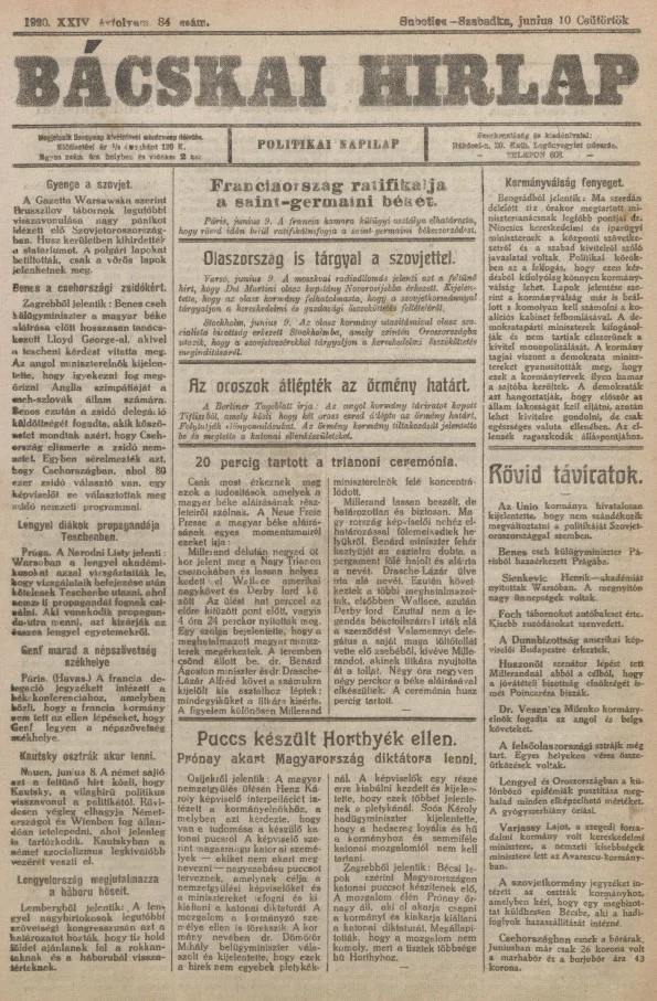 Bácskai Hirlap, 24. évf. 1920. június 10. 84. sz.
