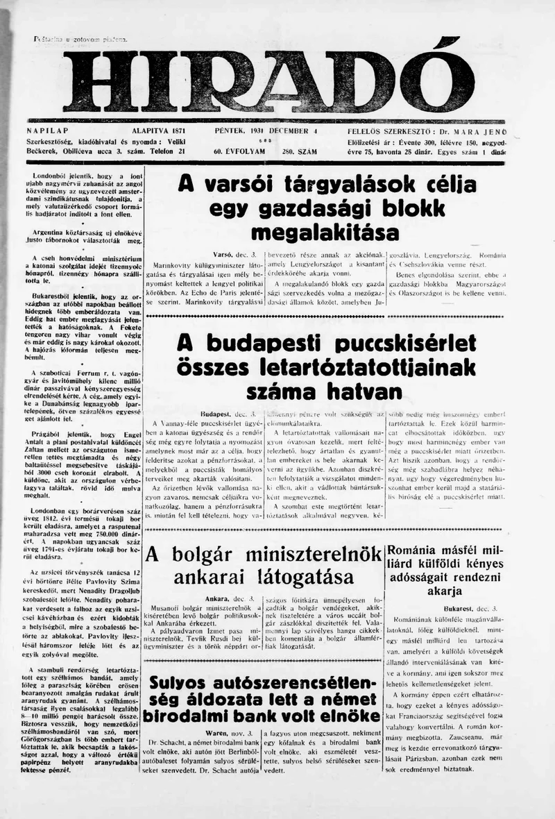 Híradó, 60. évf. 1931. december 4. 280. sz.