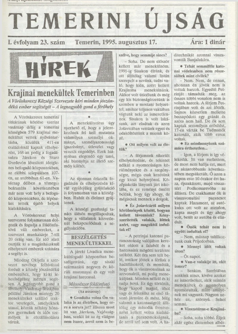 Temerini Újság, 1. évf. 1995. augusztus 17. 23. sz.